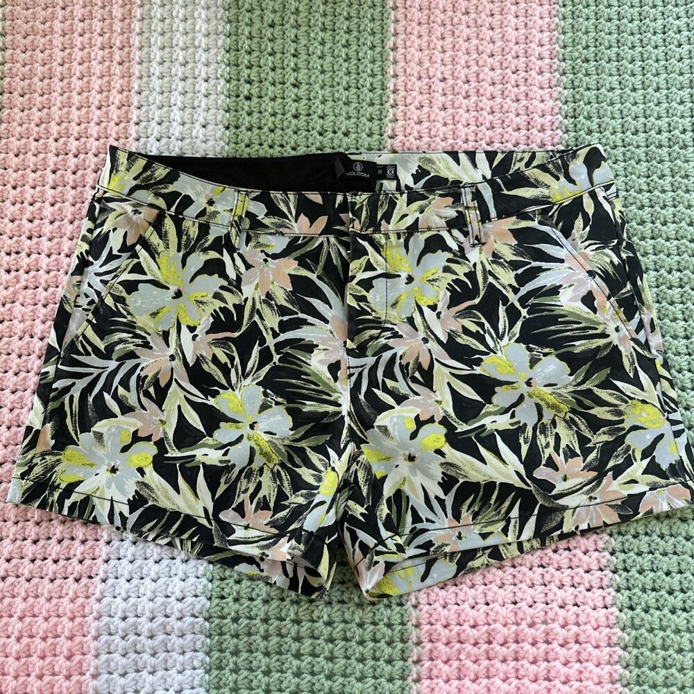 Volcom Womens True To This Tropical Floral Print Micro Mini Shorts Black 30 EUC